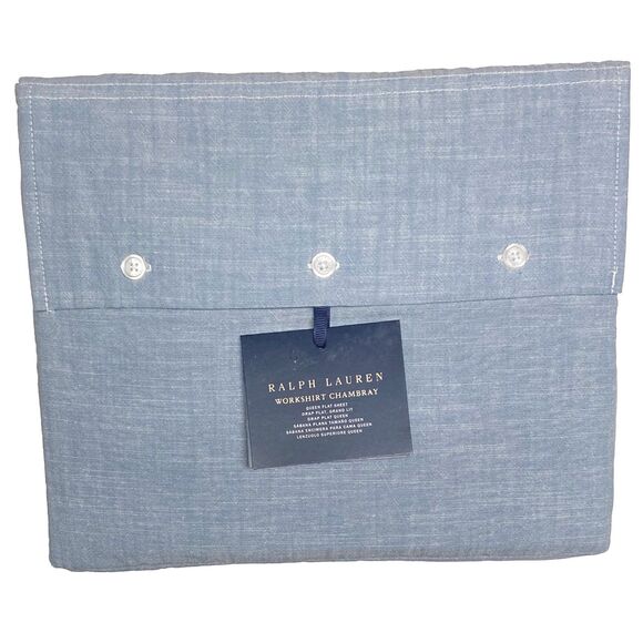 Ralph Lauren Workshirt Chambray Queen Flat Sheet Blue Yarn-Dyed Cotton - Picture 1 of 7